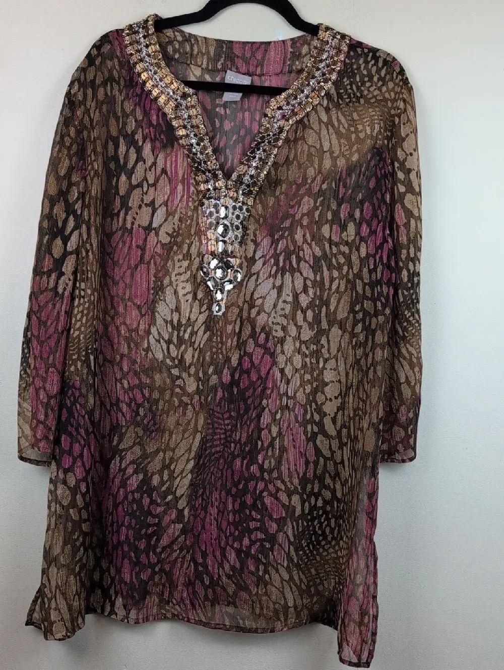 Chico's Embellished Brown, Tan, & Pink Animal Print Sheer Tunic Top Size 16